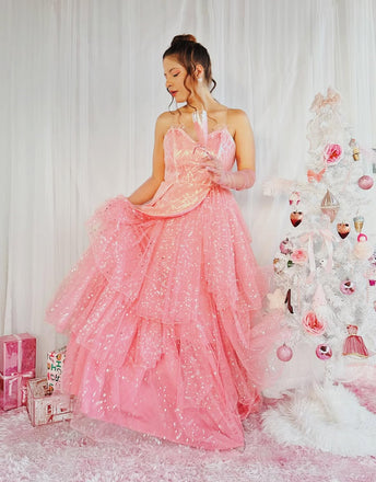 Robe trapèze en maille pailletée rose WICKED des années 1950