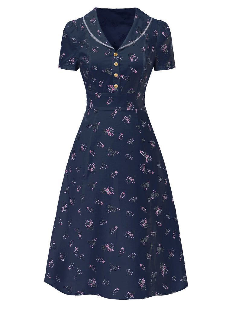 Robe beige à manches bouffantes et revers fleuris des années 1940