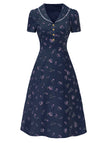 [Prévente] Robe vert à manches bouffantes et revers fleuris années 1940