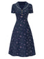 [Prévente] Robe bleu à manches bouffantes et revers fleuris des années 1940