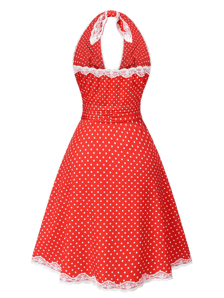 [Prévente] Robe dos nu en dentelle froncée à pois rouge des années 1950