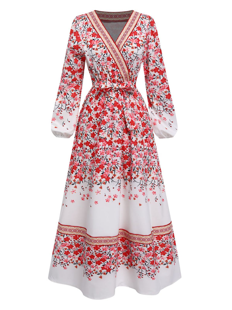 Robe rose à col V style bohème fleuri des années 1970