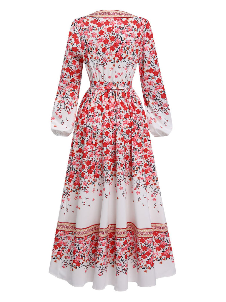 Robe rose à col V style bohème fleuri des années 1970