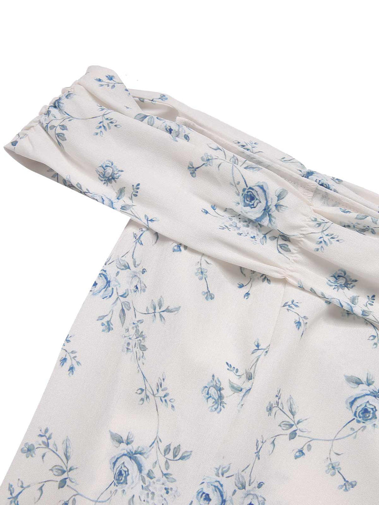 [Pré-vente] Robe bleue à volants et épaules dénudées à motif floral des années 1930