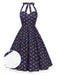 Robe licou en coton fleurs bleu foncé avec dentelle des années 1950
