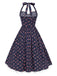 Robe licou en coton fleurs bleu foncé avec dentelle des années 1950