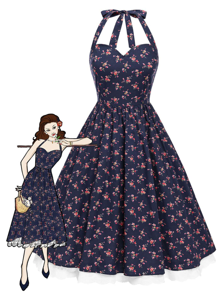 Robe licou en coton fleurs bleu foncé avec dentelle des années 1950