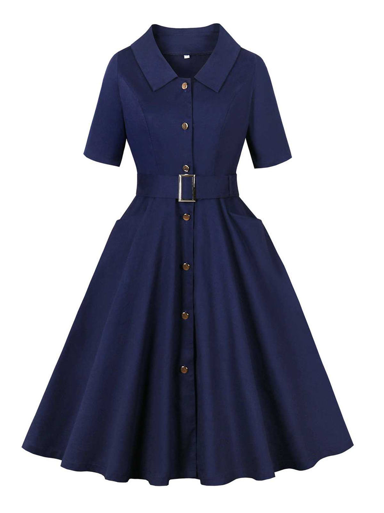 Robe ceinturée à revers bleu foncé des années 1950