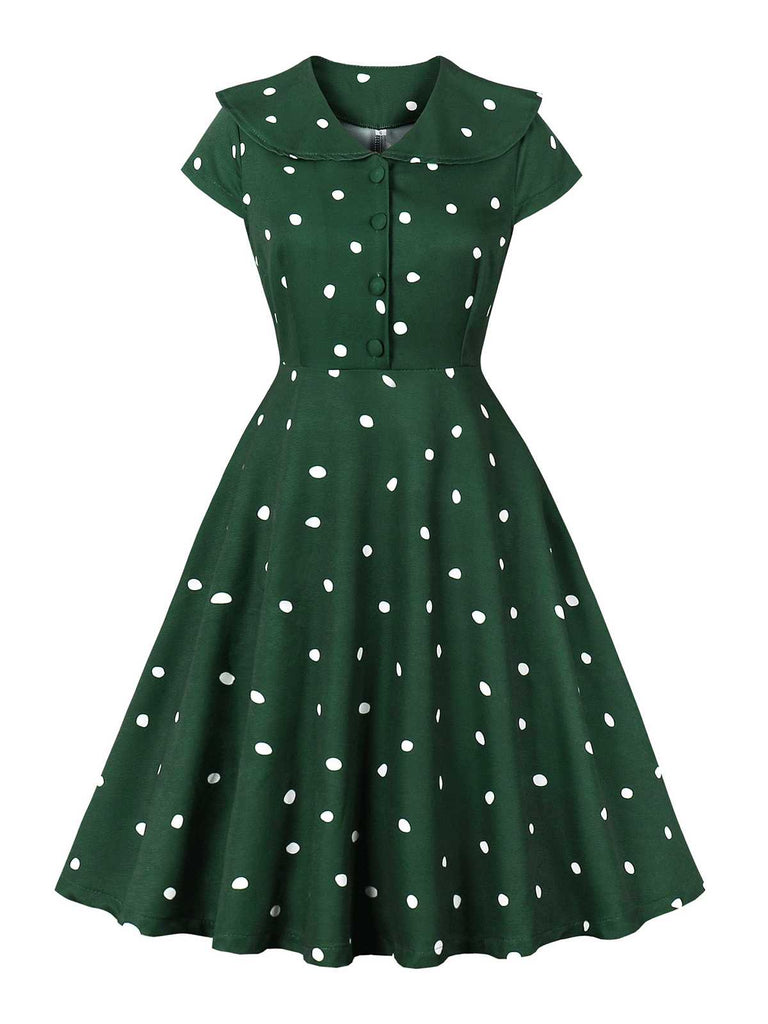 Robe verte à pois et col claudine des années 1950