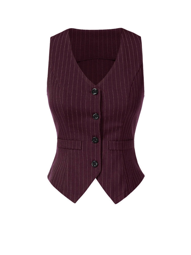 Gilet sans manches à rayures fines vin rouge des années 1960