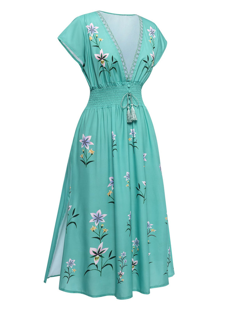 Robe longue à fleurs style bohème avec fente et col en V des années 1930