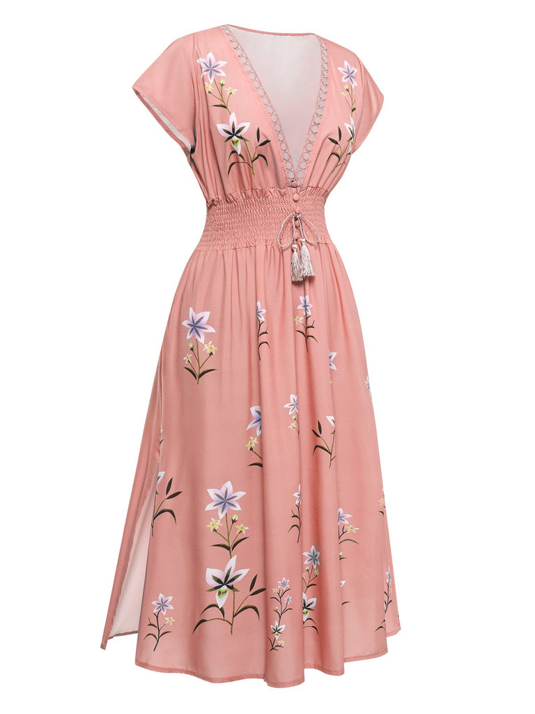 Robe longue à fleurs style bohème avec fente et col en V des années 1930