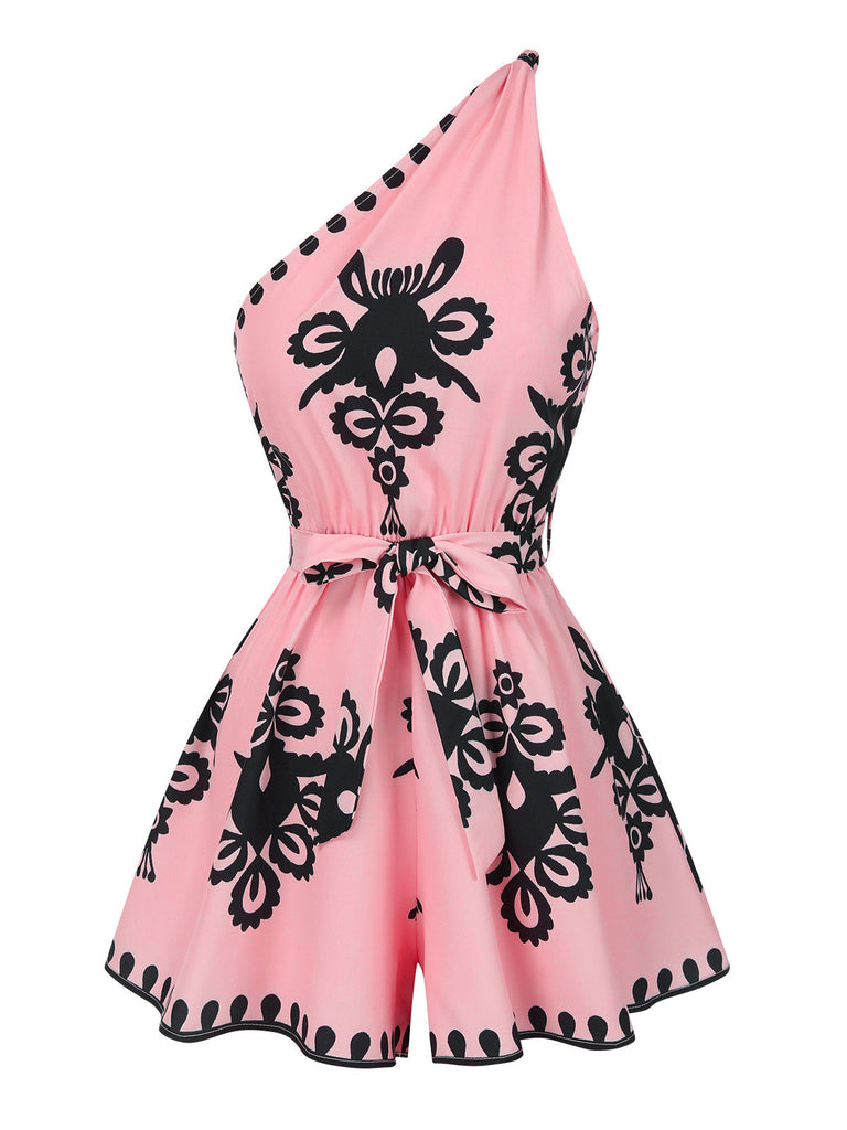 Combishort rose à imprimé tribal col oblique des années 40