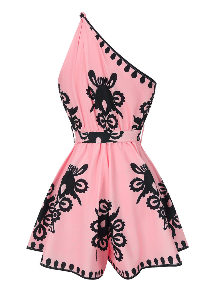 Combishort rose à imprimé tribal col oblique des années 40