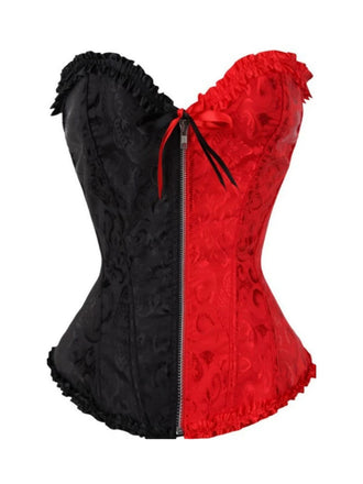 Corset à volants en jacquard colorblock gothique noir et rouge des années 1980