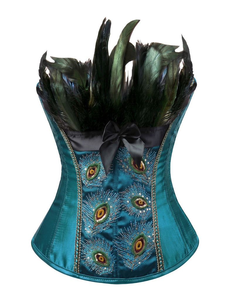 Corset bleu sarcelle brodé de plumes de paon Années 1930