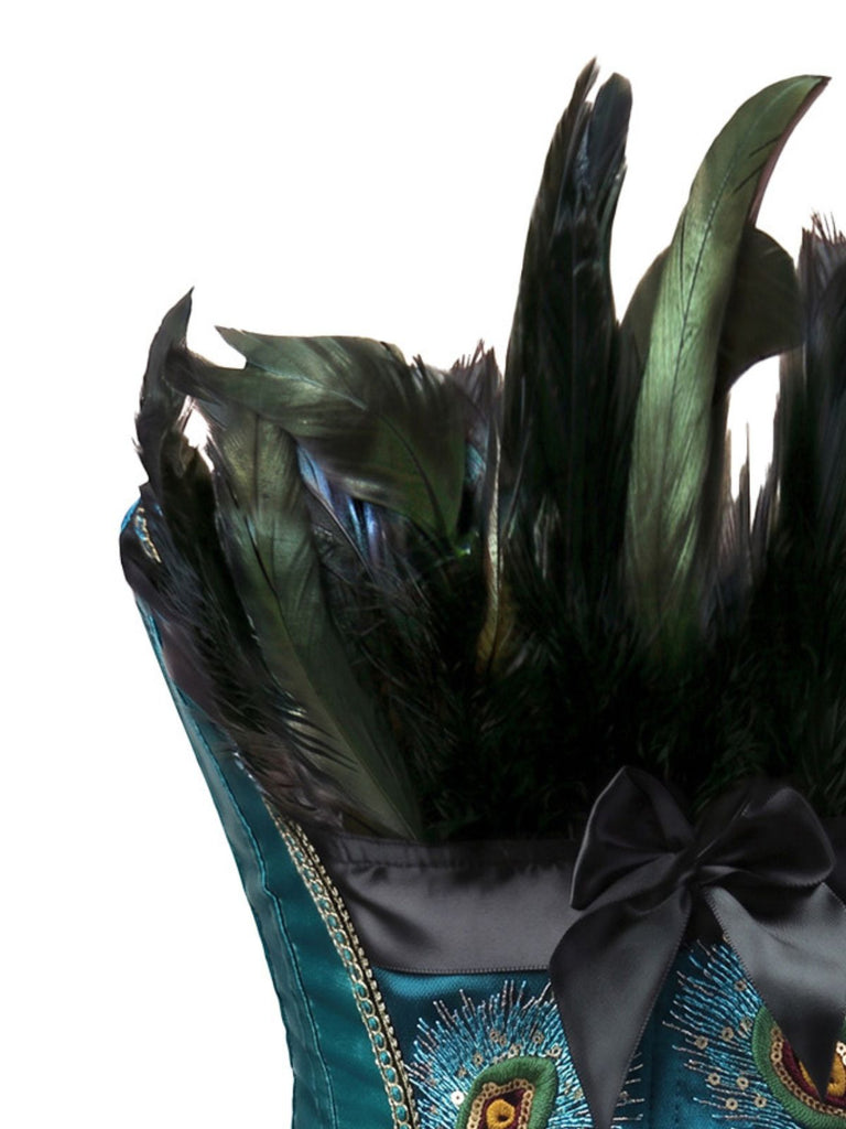 Corset bleu sarcelle brodé de plumes de paon Années 1930