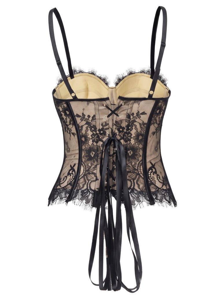 Haut corset gothique noir en dentelle à fines bretelles Années 1950 - 8