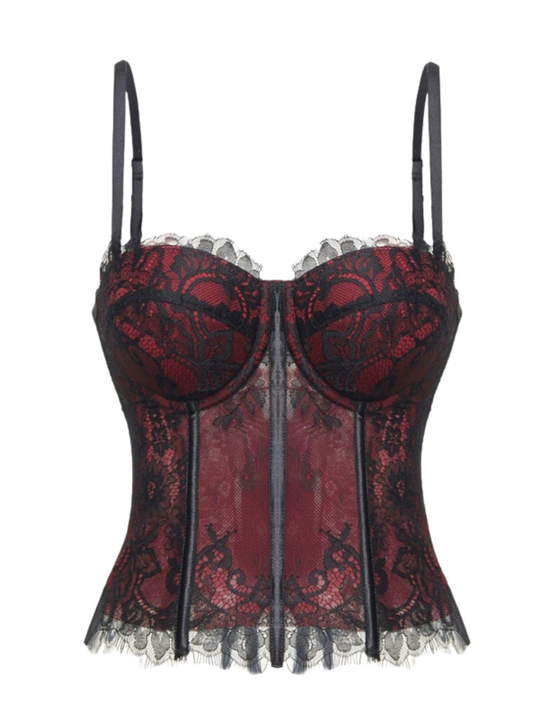 Haut corset gothique noir en dentelle à fines bretelles Années 1950 - 1