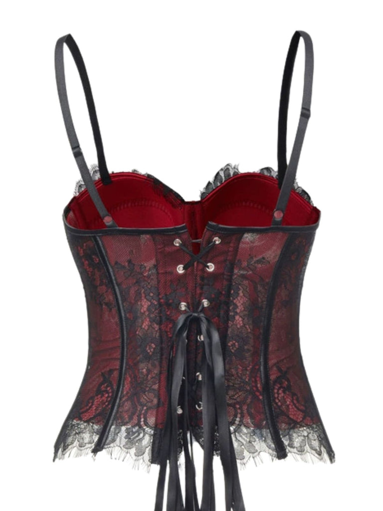 Haut corset gothique noir en dentelle à fines bretelles Années 1950 - 2