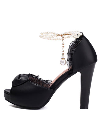 Chaussures à talons hauts et bout ouvert avec bordure en dentelle perlée