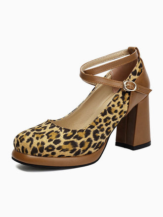 Escarpins à talons épais vintage motif léopard à boucles croisées
