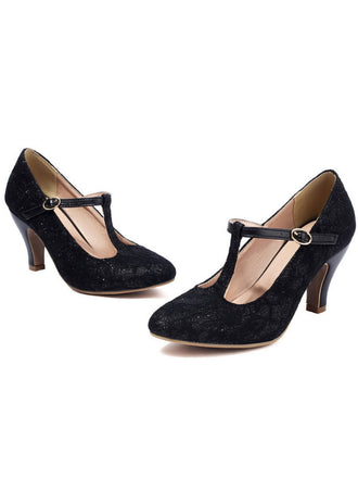 Talons hauts vintage en dentelle patchwork avec bride en T et boucle