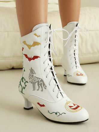 Bottes mi-mollet à lacets motif chauve-souris et citrouille d'Halloween