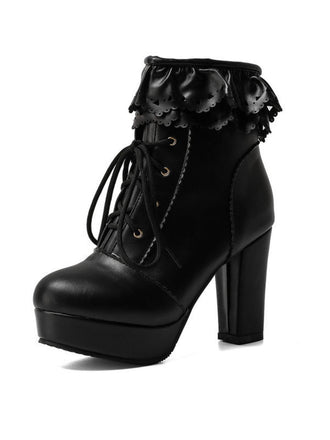 Bottes à talons hauts épais à lacets et volants vintage