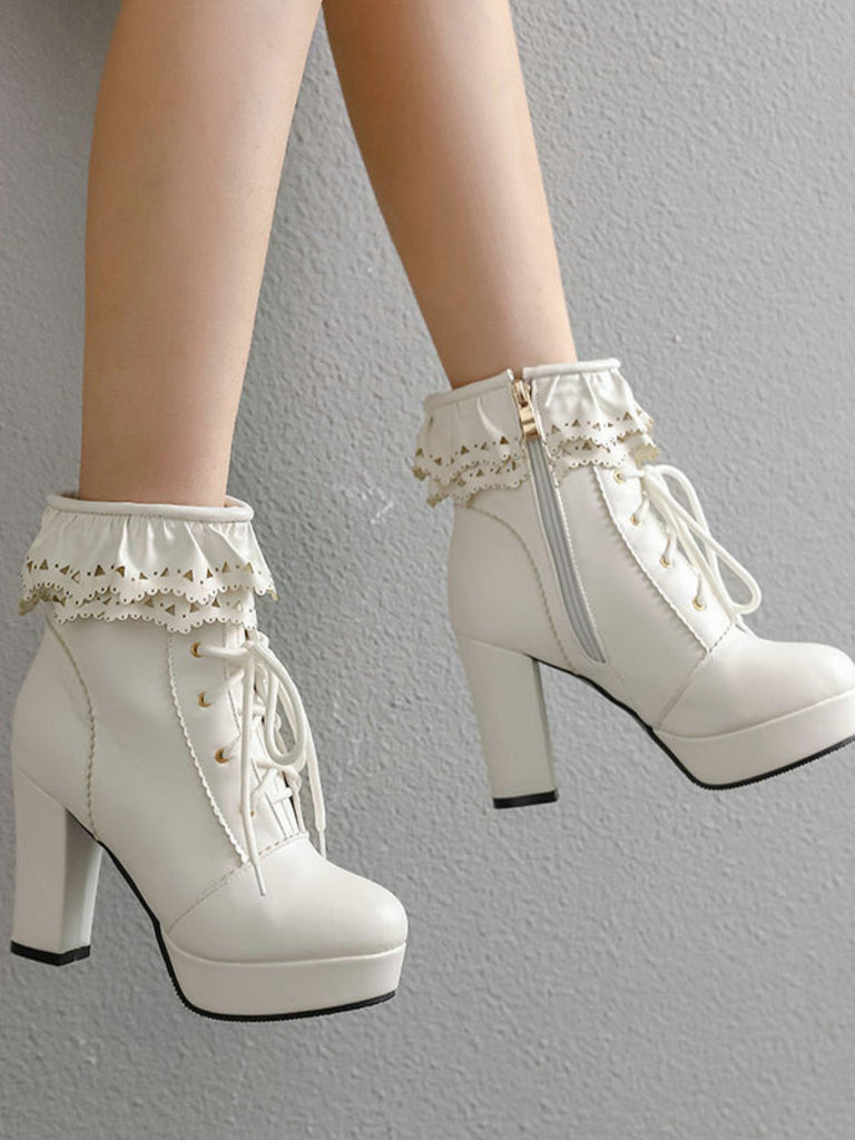 Bottes à talons hauts épais à lacets et volants vintage
