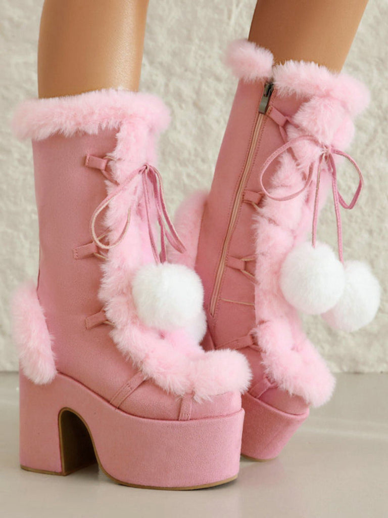 Bottes à talons hauts et bout rond en fausse fourrure vintage