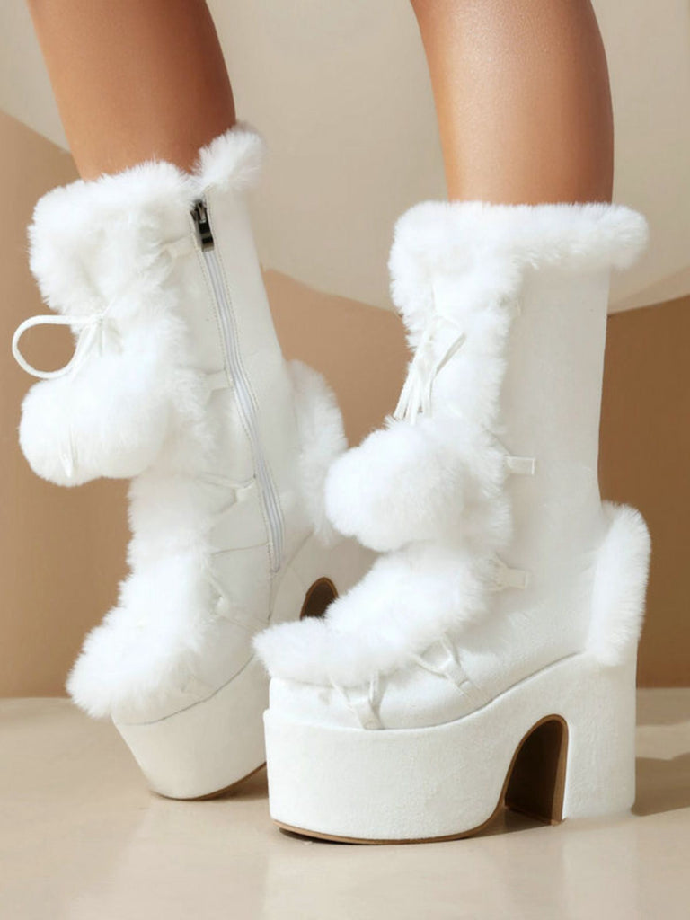 Bottes à talons hauts et bout rond en fausse fourrure vintage