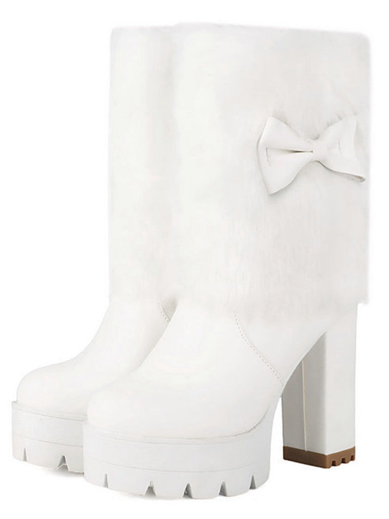 Bottes à talons épais en peluche avec nœud papillon vintage