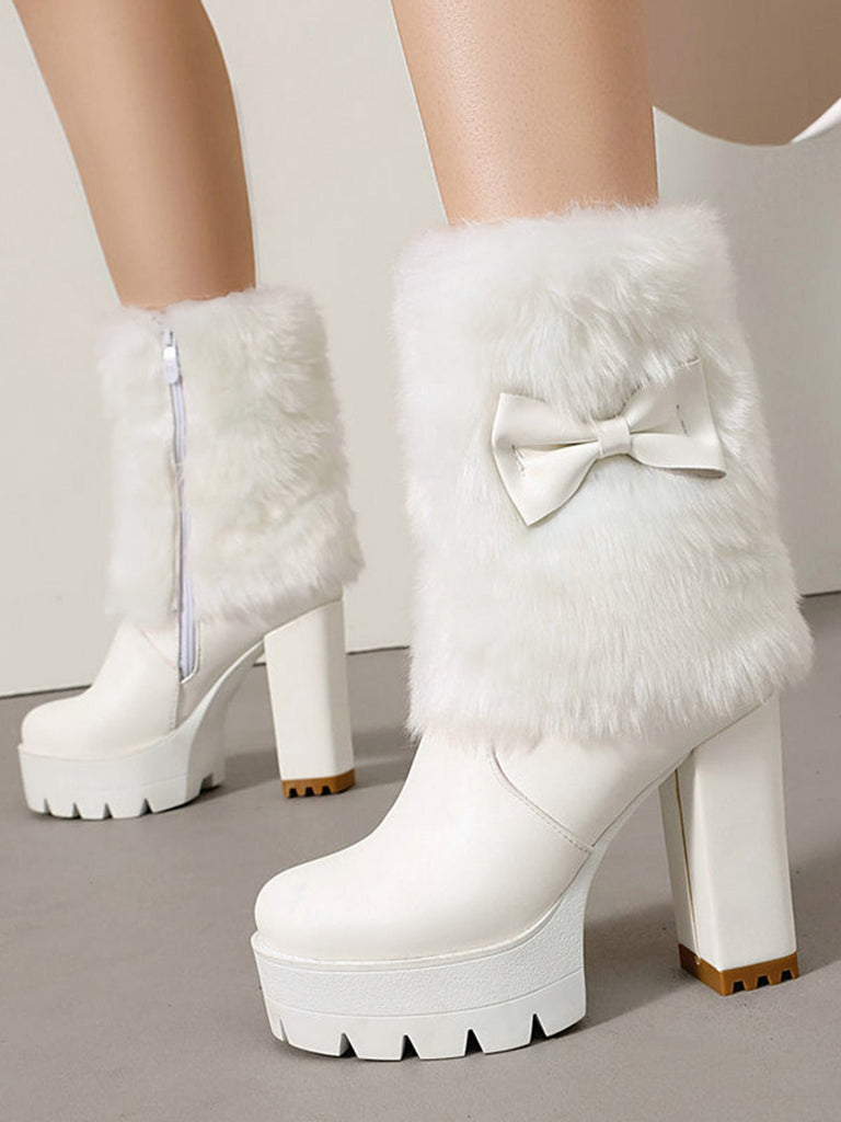 Bottes à talons épais en peluche avec nœud papillon vintage