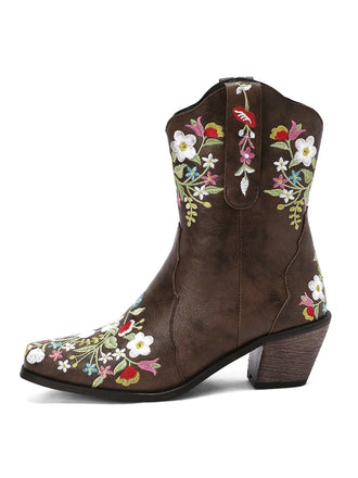 Bottes vintage pointues à talons compensés brodées de fleurs