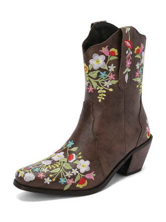 Bottes vintage pointues à talons compensés brodées de fleurs