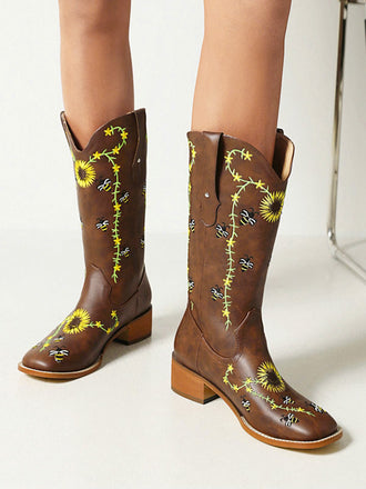 Bottes mi-mollet de style western à motif tournesol marron brodé