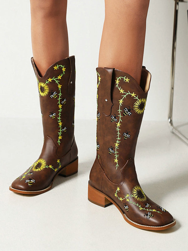 Bottes mi-mollet de style western à motif tournesol marron brodé