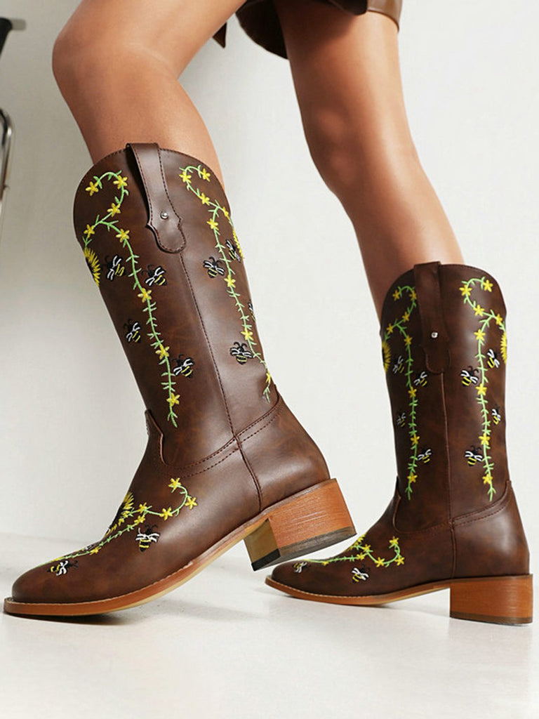 Bottes mi-mollet de style western à motif tournesol marron brodé