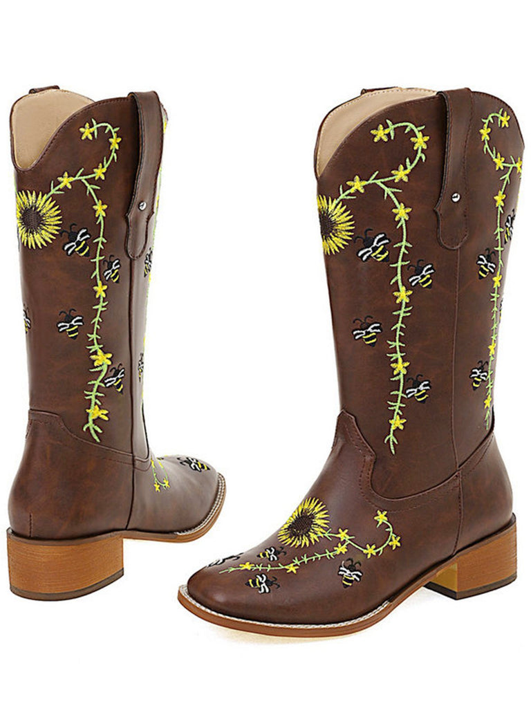 Bottes mi-mollet de style western à motif tournesol marron brodé