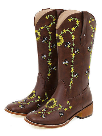 Bottes mi-mollet de style western à motif tournesol marron brodé