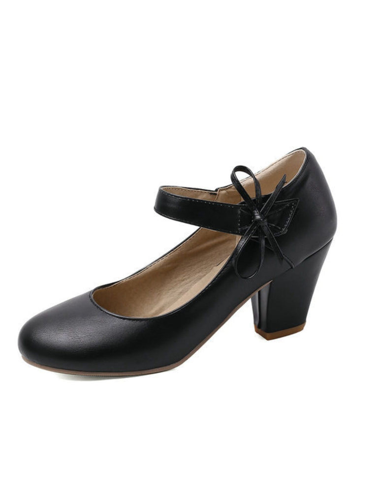 Escarpins rétro à bout rond et nœud papillon à talons épais