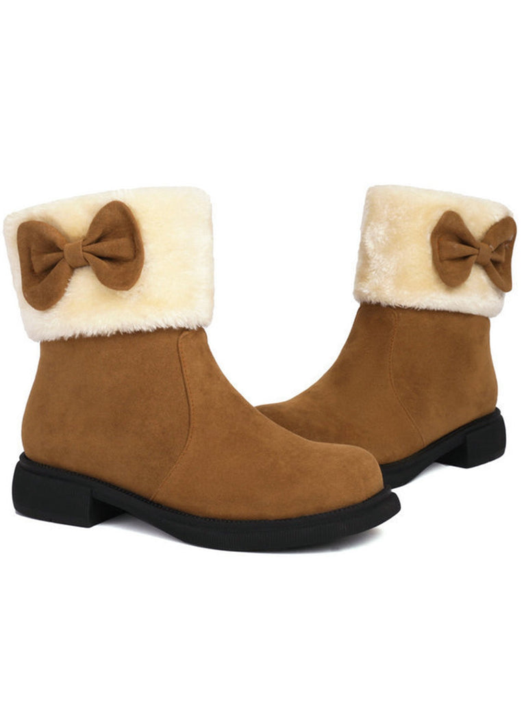 Bottines d'hiver à bout rond et nœud orné de peluche
