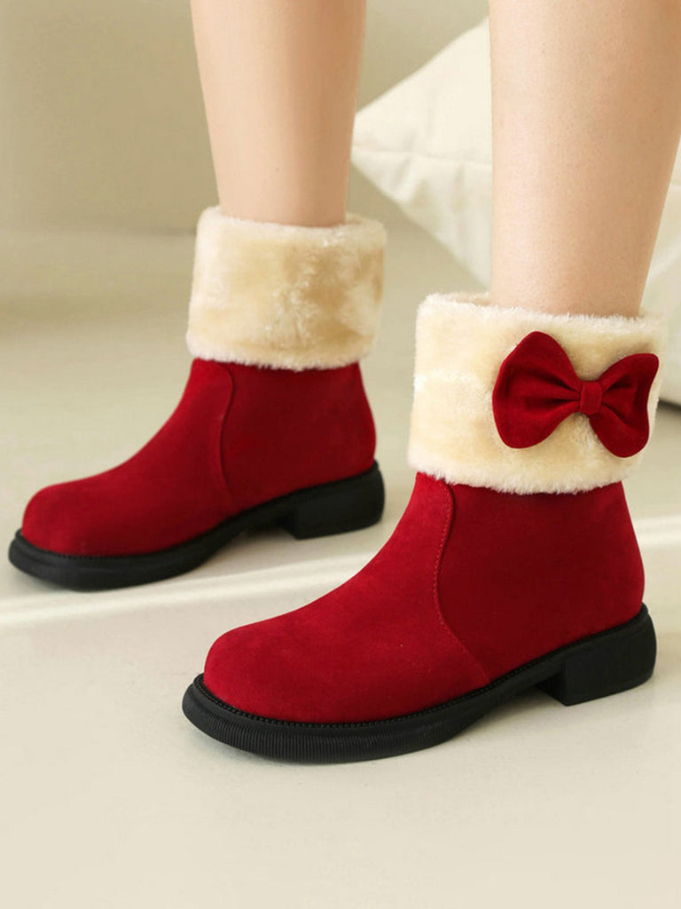 Bottines d'hiver à bout rond et nœud orné de peluche