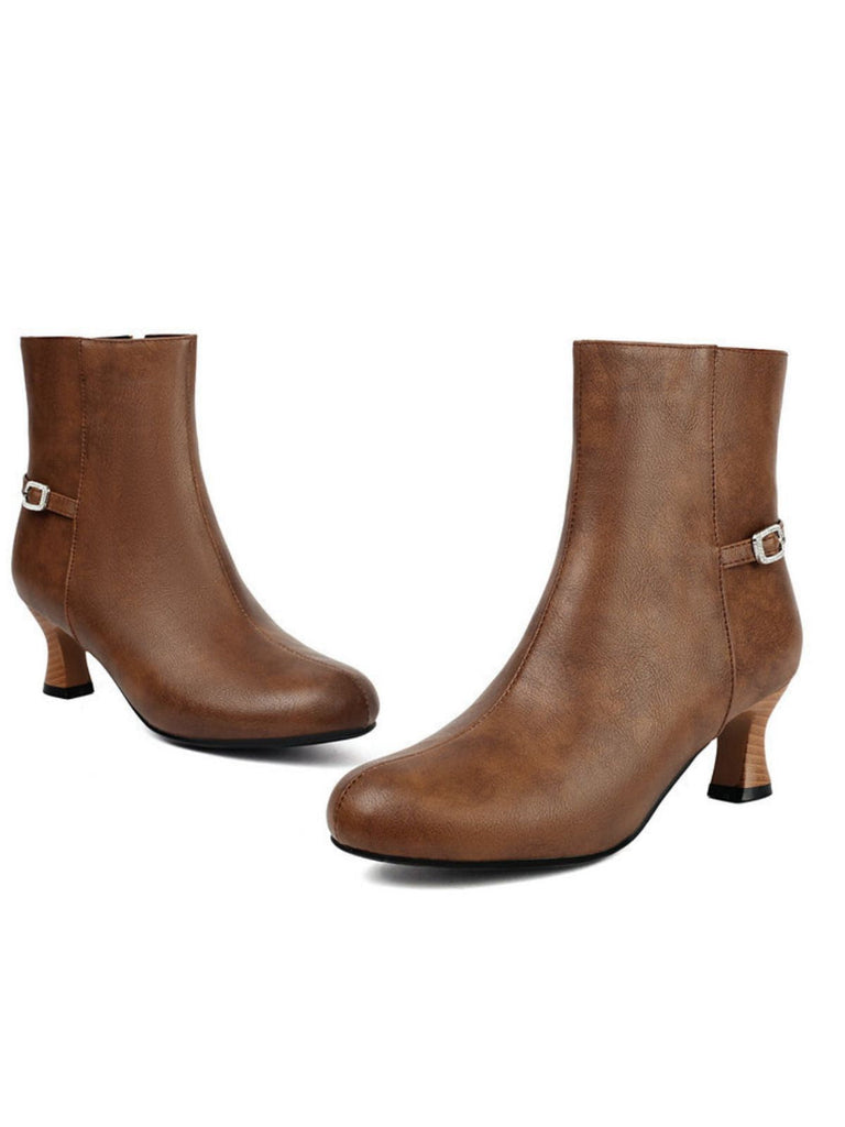 Bottines rétro en similicuir uni avec fermeture éclair latérale
