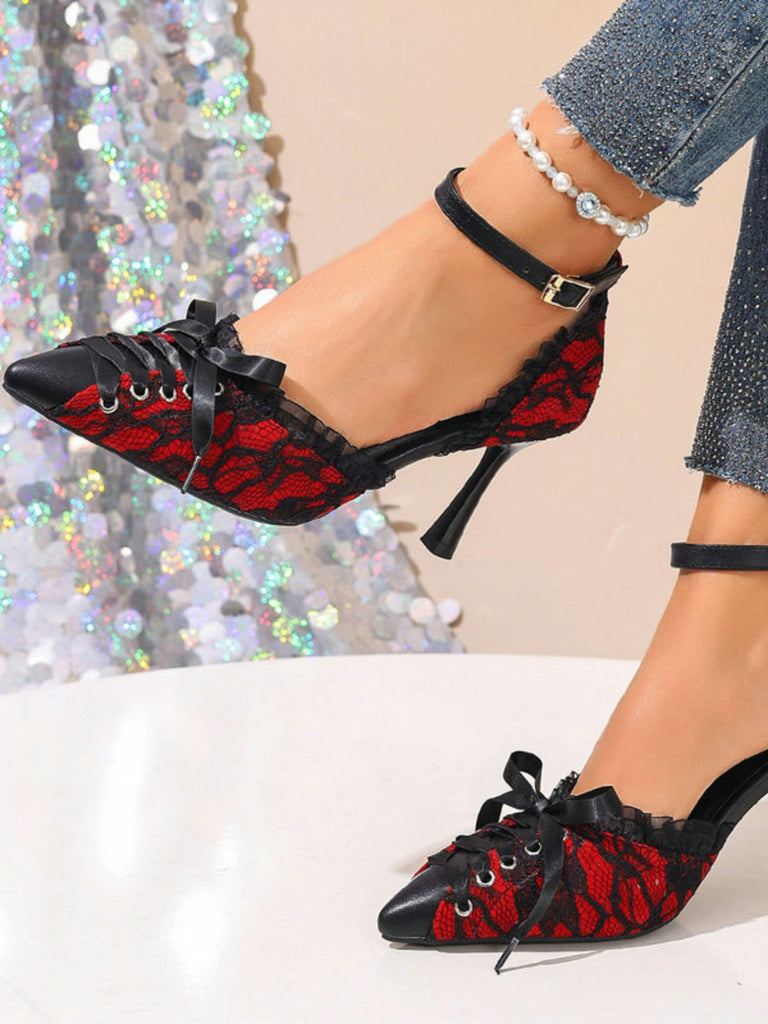 Chaussures à Bout Pointu à Talons Hauts Gothiques en Dentelle Florale