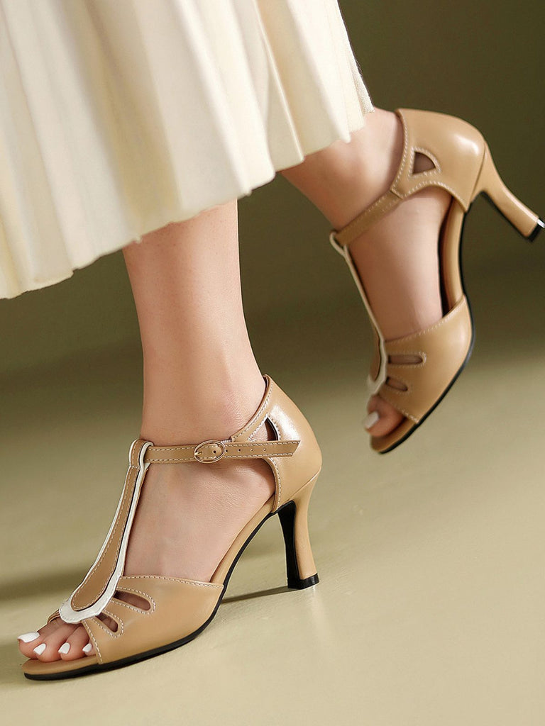 Bout Ouvert Ajouré Blocs de Couleur Bride en T Talons 9