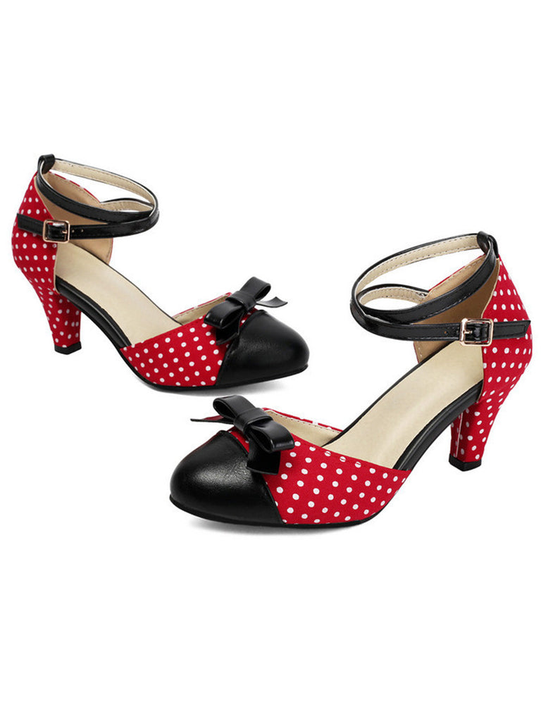 Escarpins à Bout Pointu à Pois avec Nœud Talon Épais Vintage 11