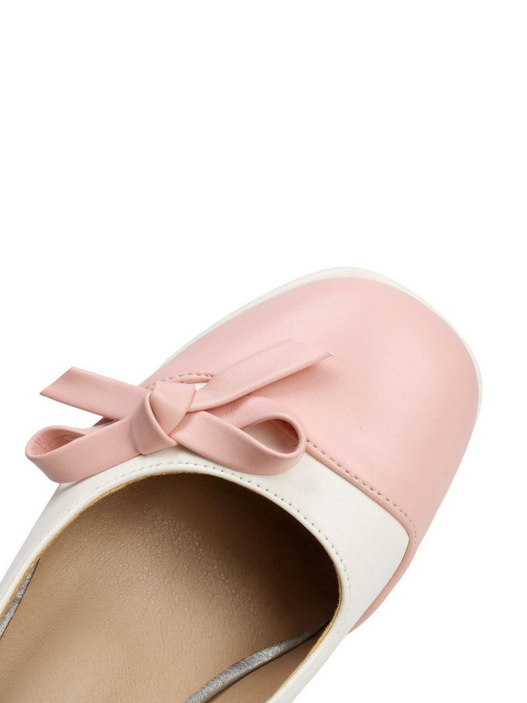 Chaussures à Talon Bloc Bride Cheville Perles Bicolore Nœud