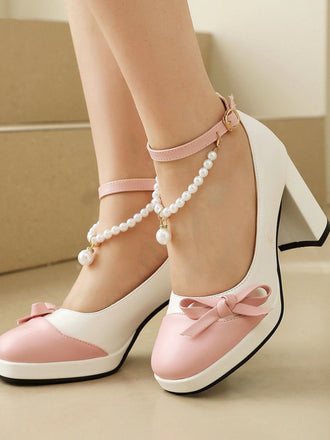 Chaussures à Talon Bloc Bride Cheville Perles Bicolore Nœud